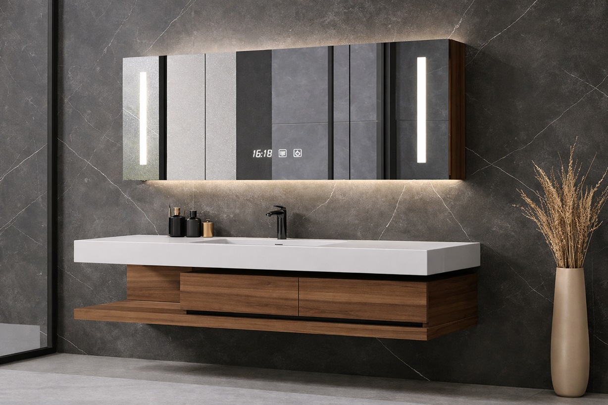 Fontana Wall Mounted Cabinet Modern Bathroom Sinks and LED Smart Mirror Cabinet (FS-BRN1684)